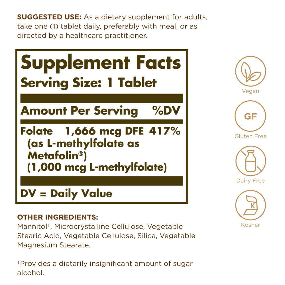 Solgar Folate Metafolin 1000mg capsules displayed, body-ready formula with no conversion needed.