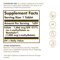 Solgar Folate Metafolin 1000mg capsules displayed, body-ready formula with no conversion needed.