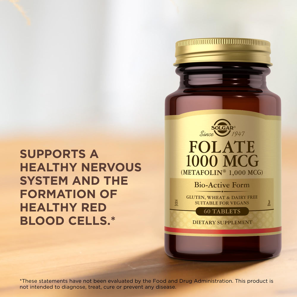 Solgar Folate Metafolin 1000mg ingredient panel emphasizing artificial-free formula.