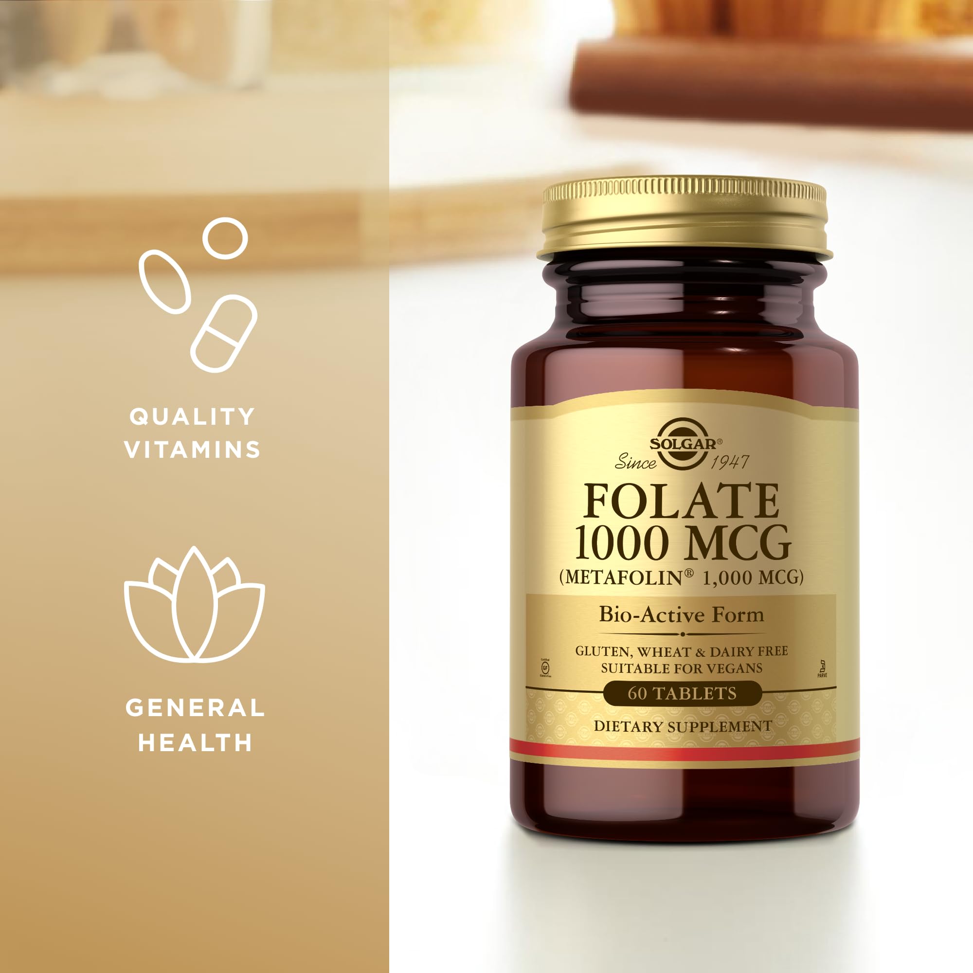Solgar Folate Metafolin 1000mg packaging box highlighting vegan and kosher status.