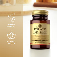Solgar Folate Metafolin 1000mg packaging box highlighting vegan and kosher status.