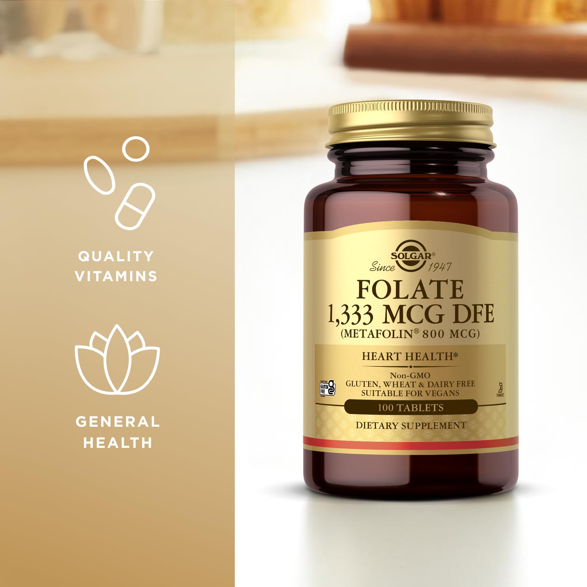 Solgar Folate Metafolin ingredient panel focusing on non-GMO and gluten-free notes