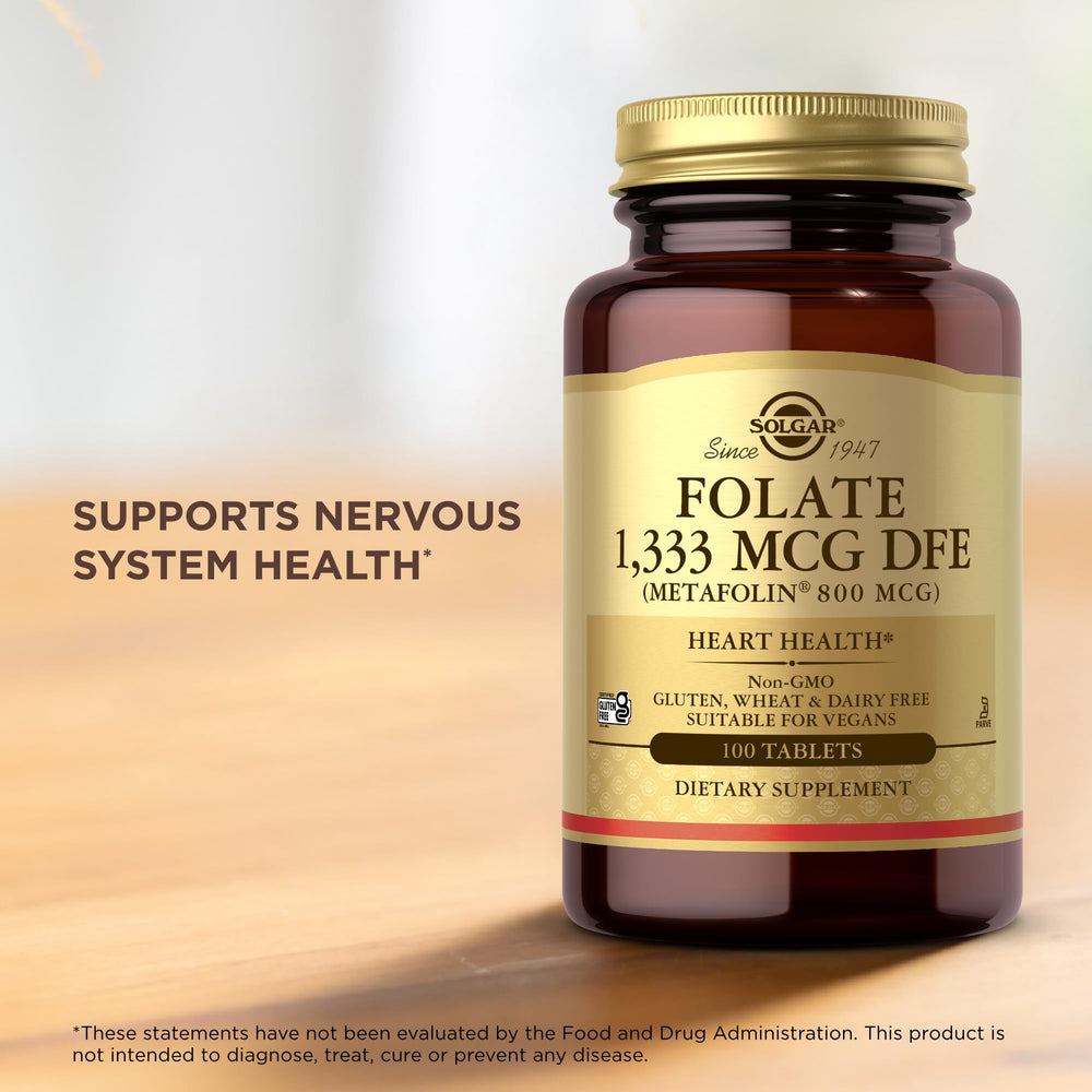 Solgar Folate Metafolin tablets on white surface for easy daily vitamin routine