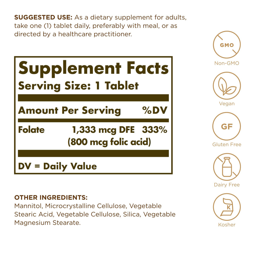 Solgar Folate Metafolin label close-up showing Metafolin 800 mcg per tablet
