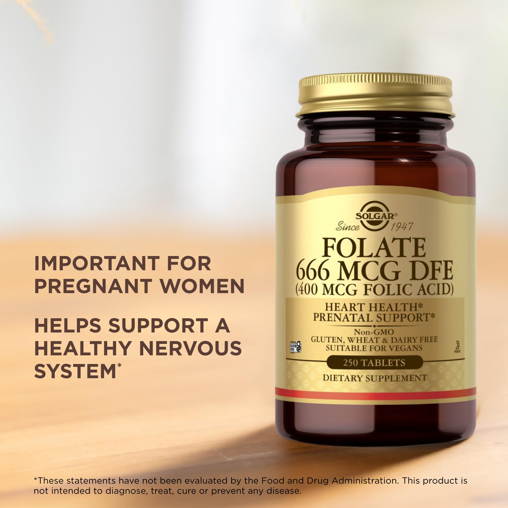 Solgar Folate packaging shows non-GMO and kosher certification details.