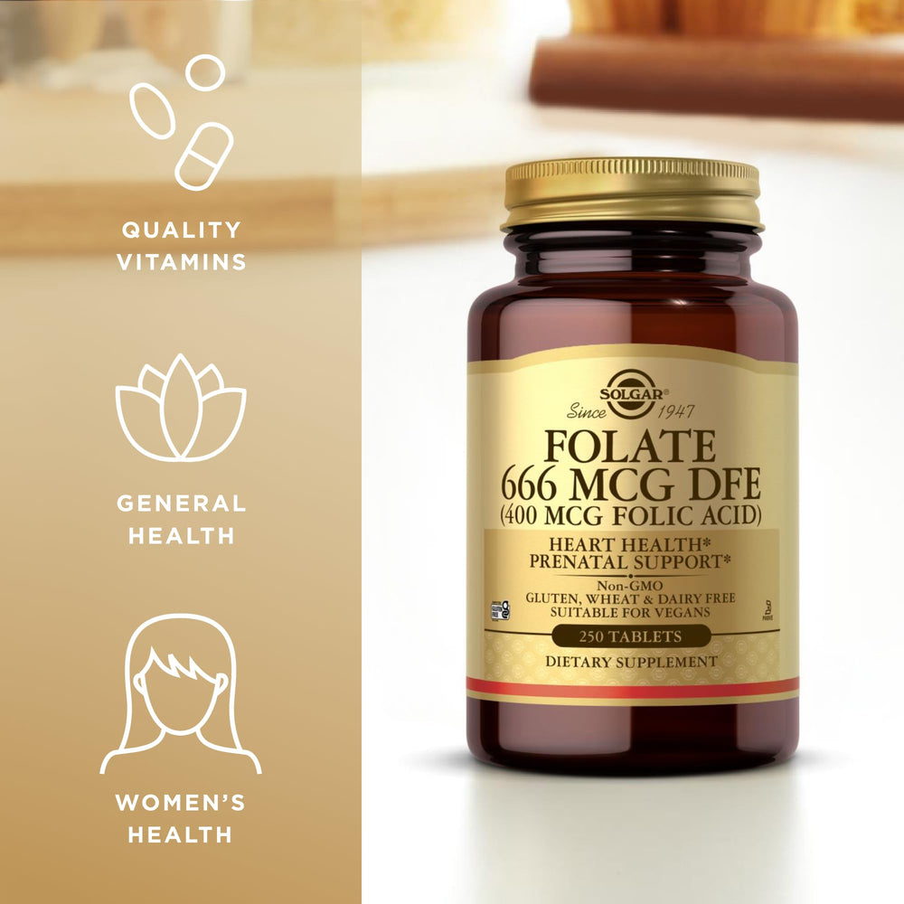 Solgar Folate tablets inside bottle illustrate compact daily capsules.