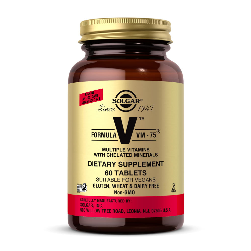 Solgar Formula VM-75 bottle front view, vegan daily multivitamin for broad nutrient support