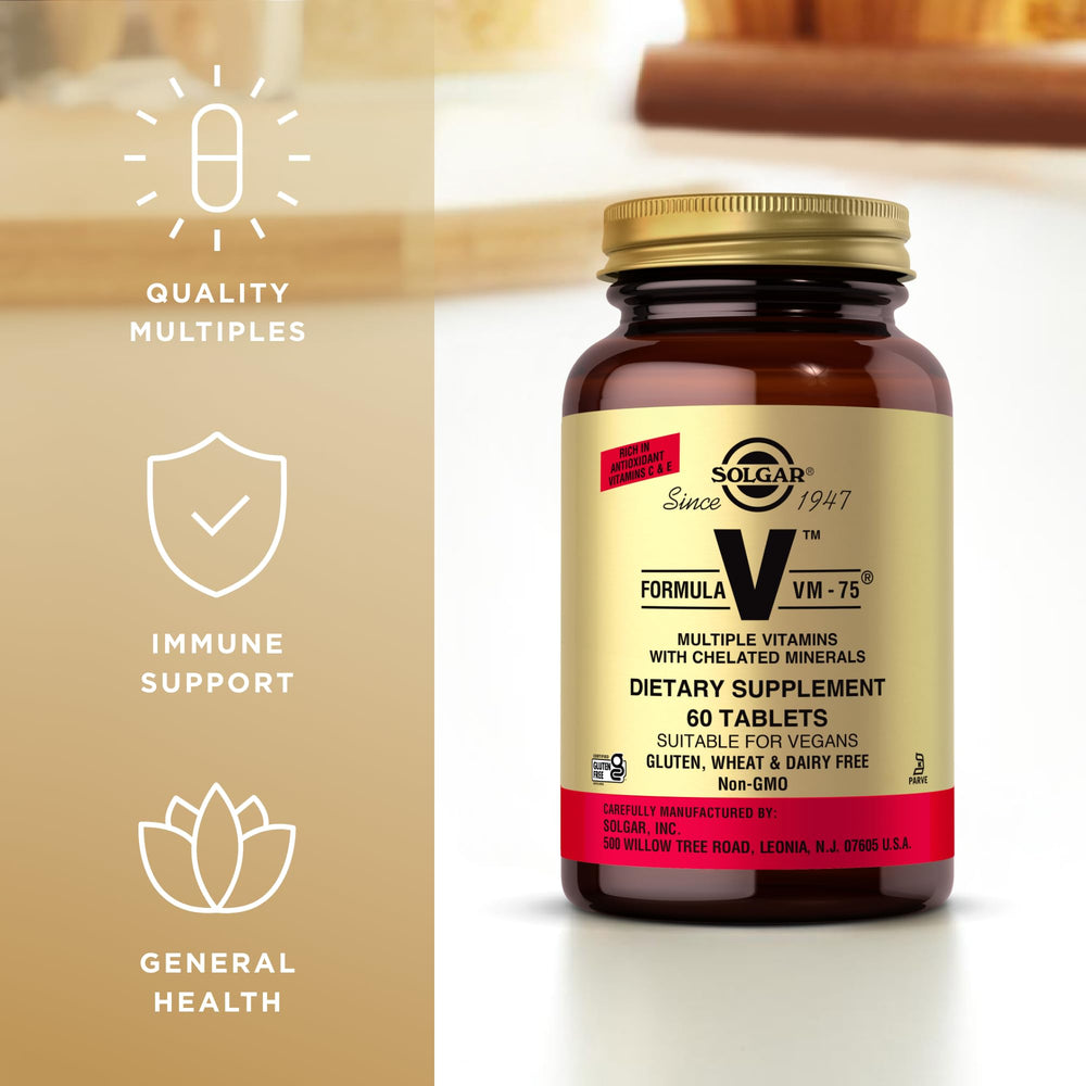 Solgar VM-75 vegan symbol on label, supports plant-based dietary choices
