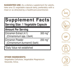 Solgar Full Potency Cinnamon capsule bottle pouring, easy daily intake for busy lifestyles.