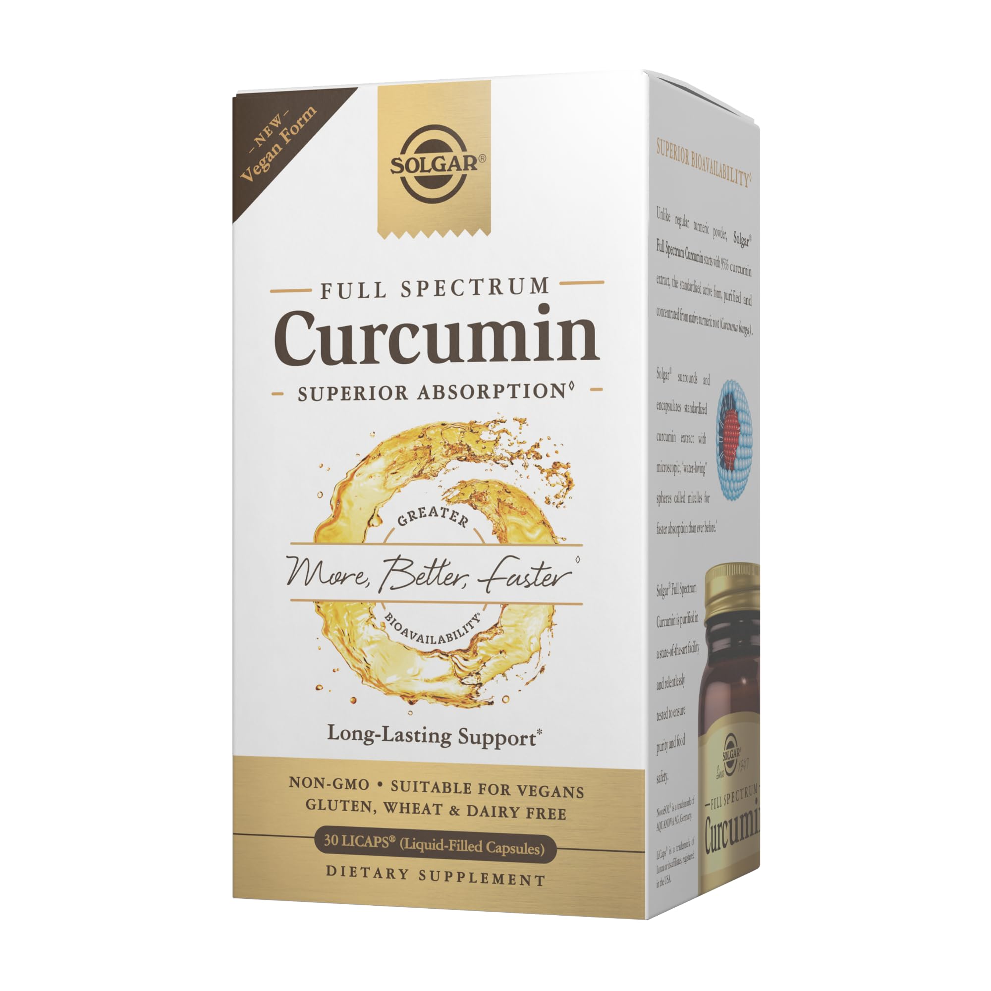 Solgar Full Spectrum Curcumin bottle front promoting premium packaging and brain support potential.