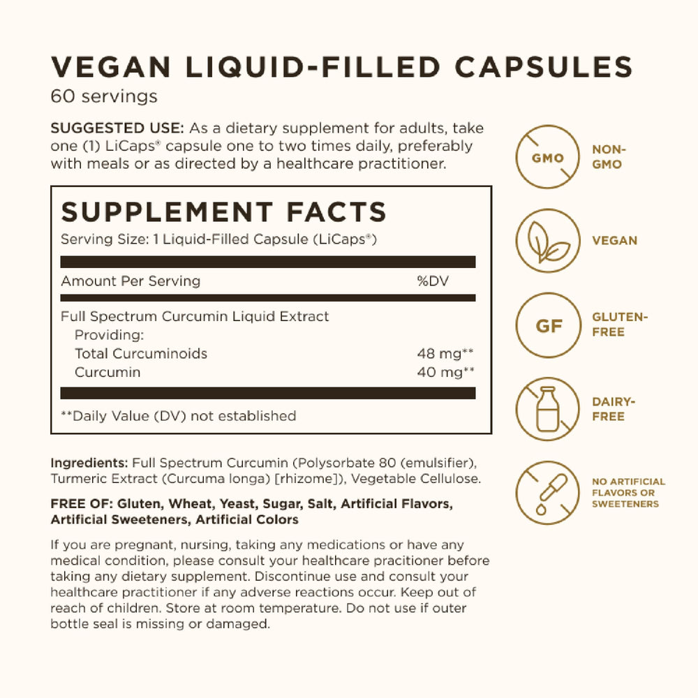 Solgar Full Spectrum Curcumin capsules closeup for easy daily supplementation