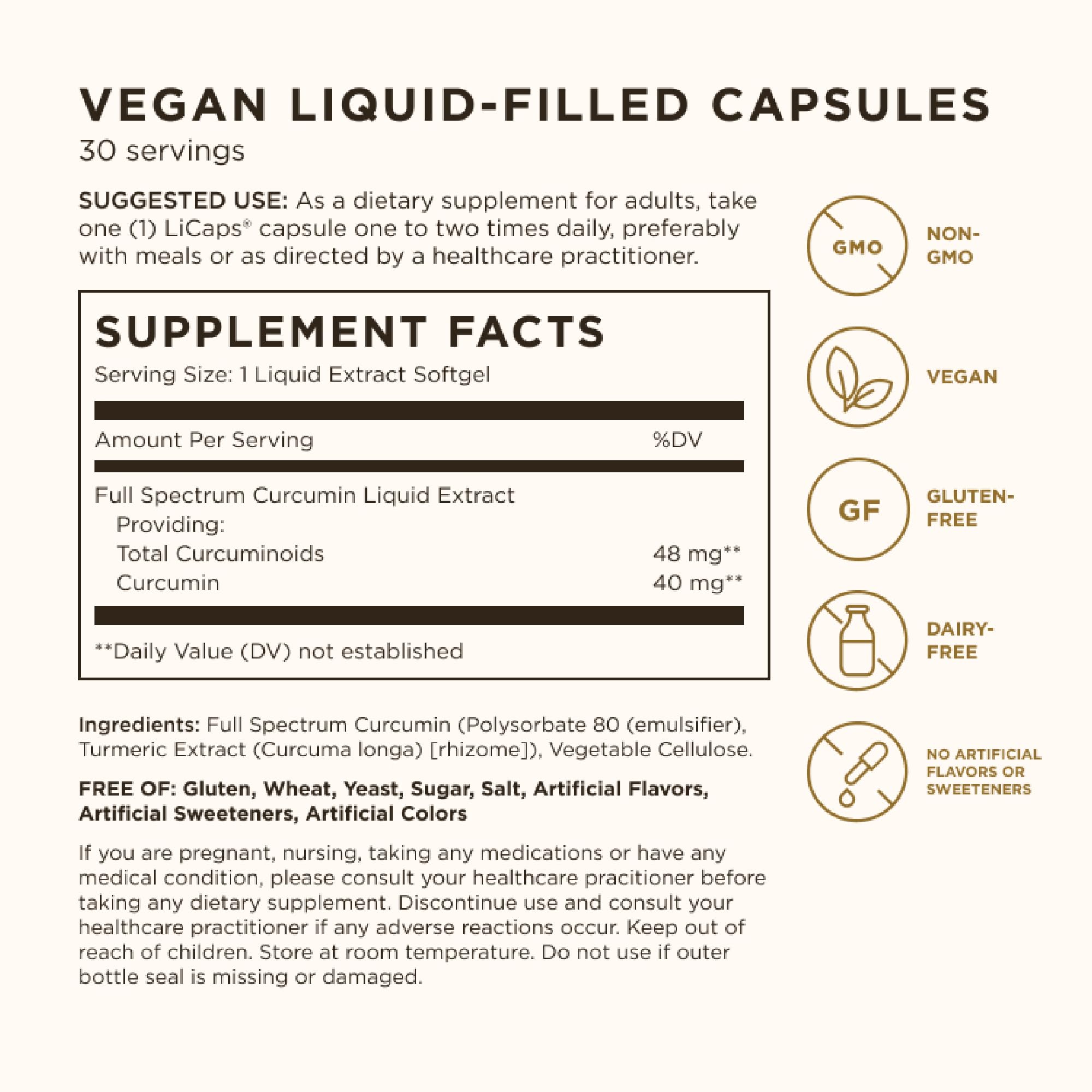 Closeup of Solgar Full Spectrum Curcumin capsules highlighting advanced absorption technology.