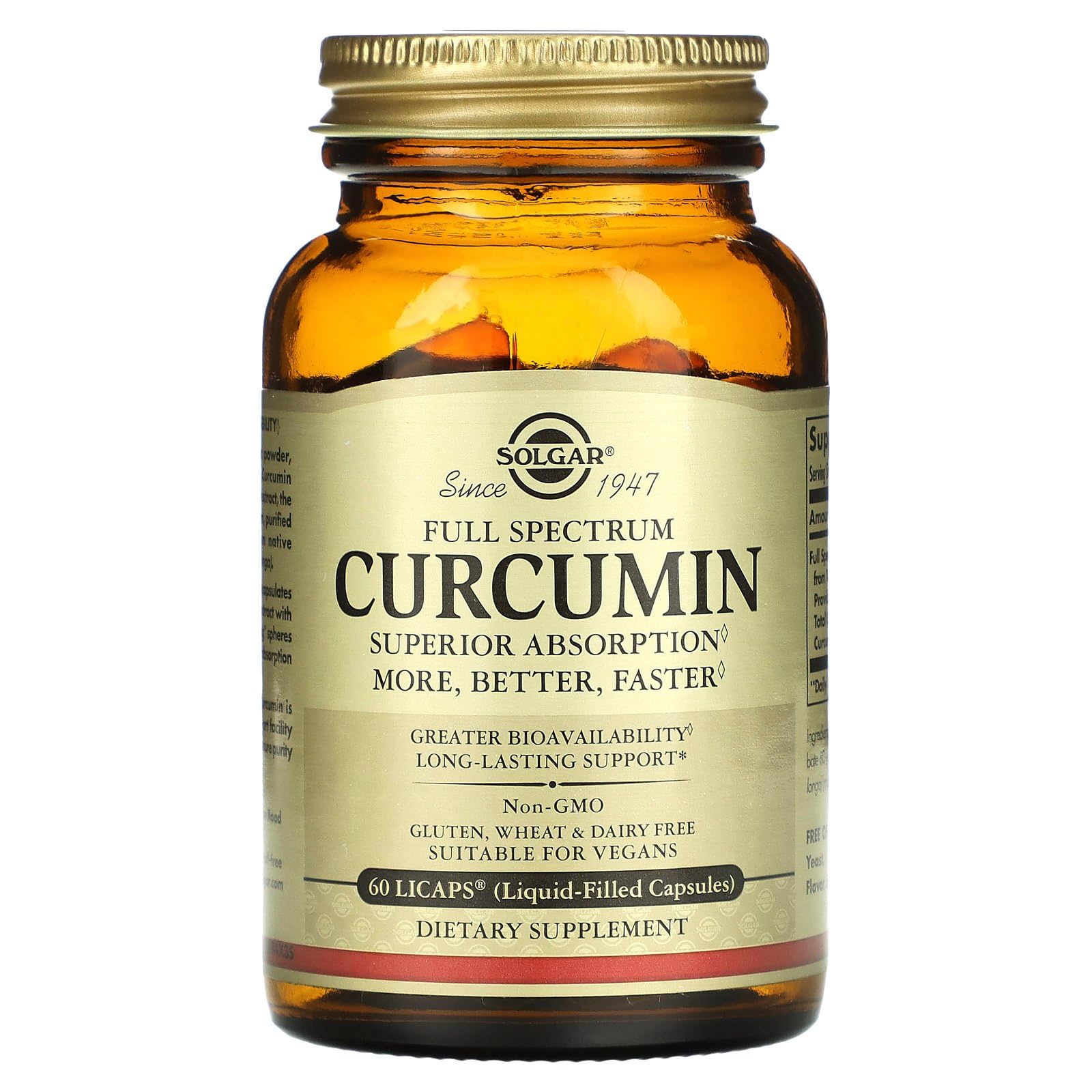 Solgar Full Spectrum Curcumin packaging front emphasizes gluten-free and dairy-free features