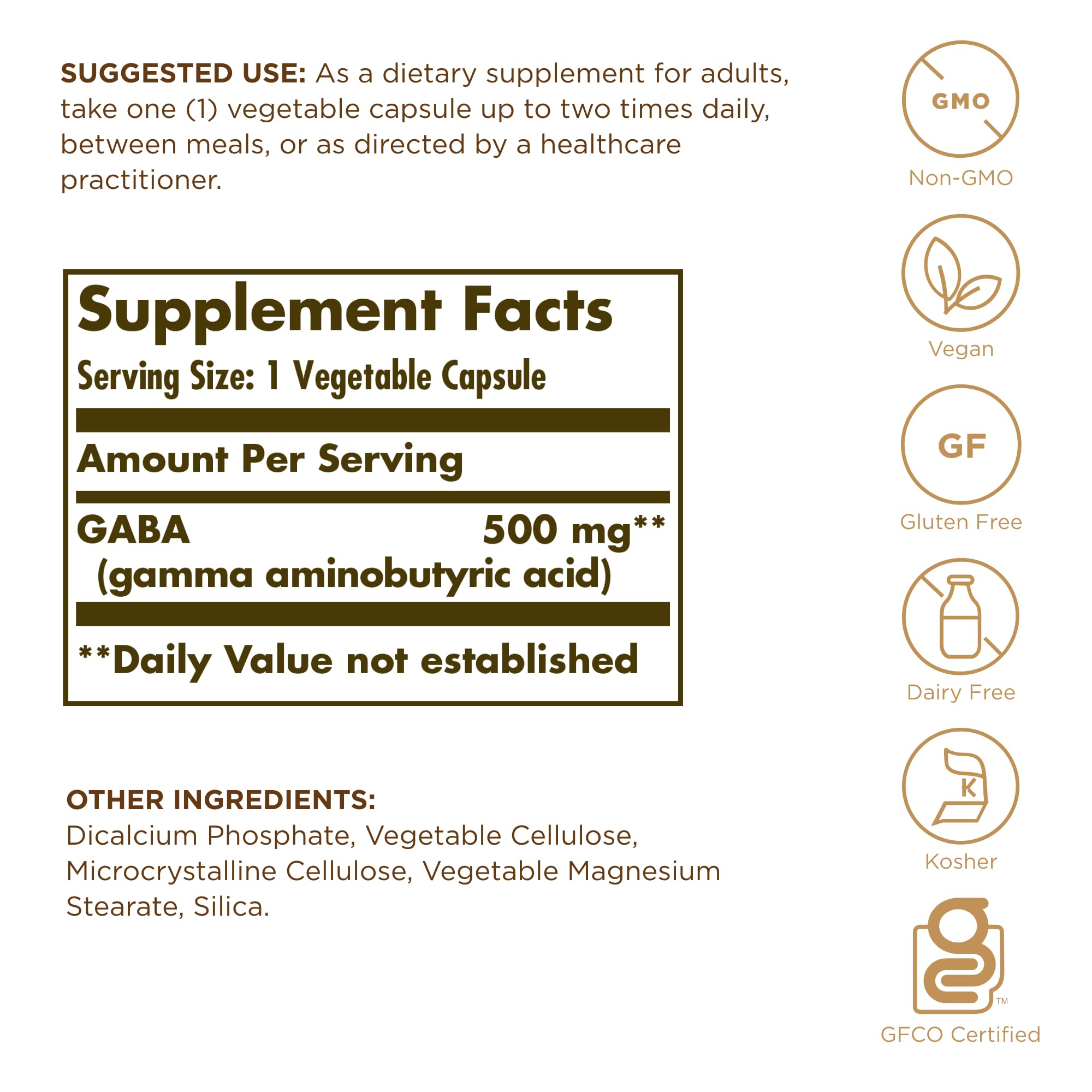 Solgar GABA 500 mg capsules close-up highlighting vegan, non-GMO formula.