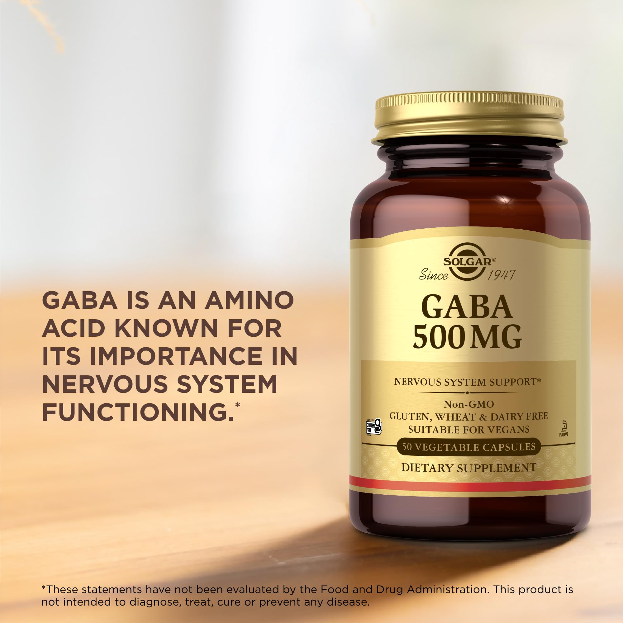 Solgar GABA 500 mg bottle on shelf emphasizes product availability and quality.