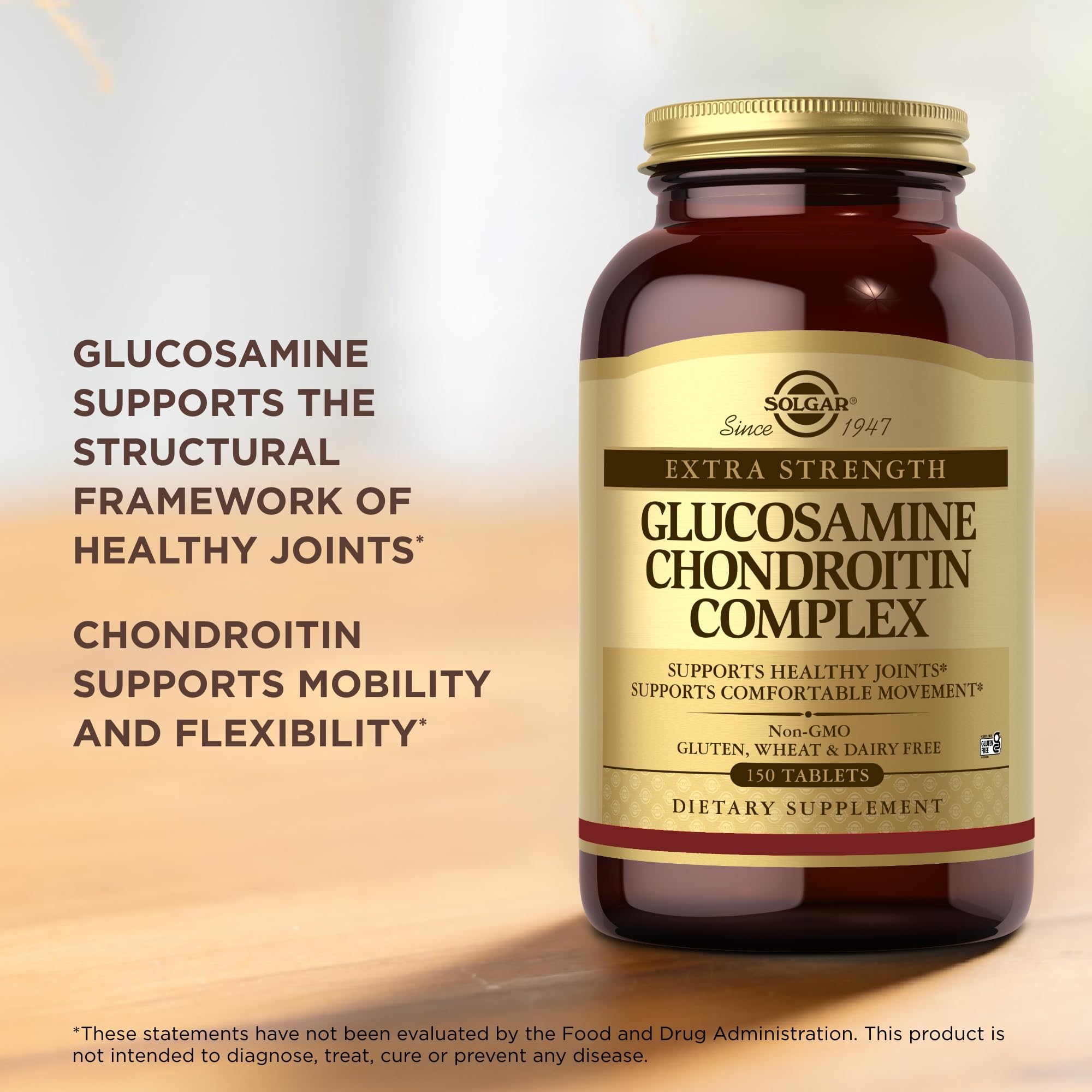 Solgar bottle with spoon on countertop conveys convenient daily joint support