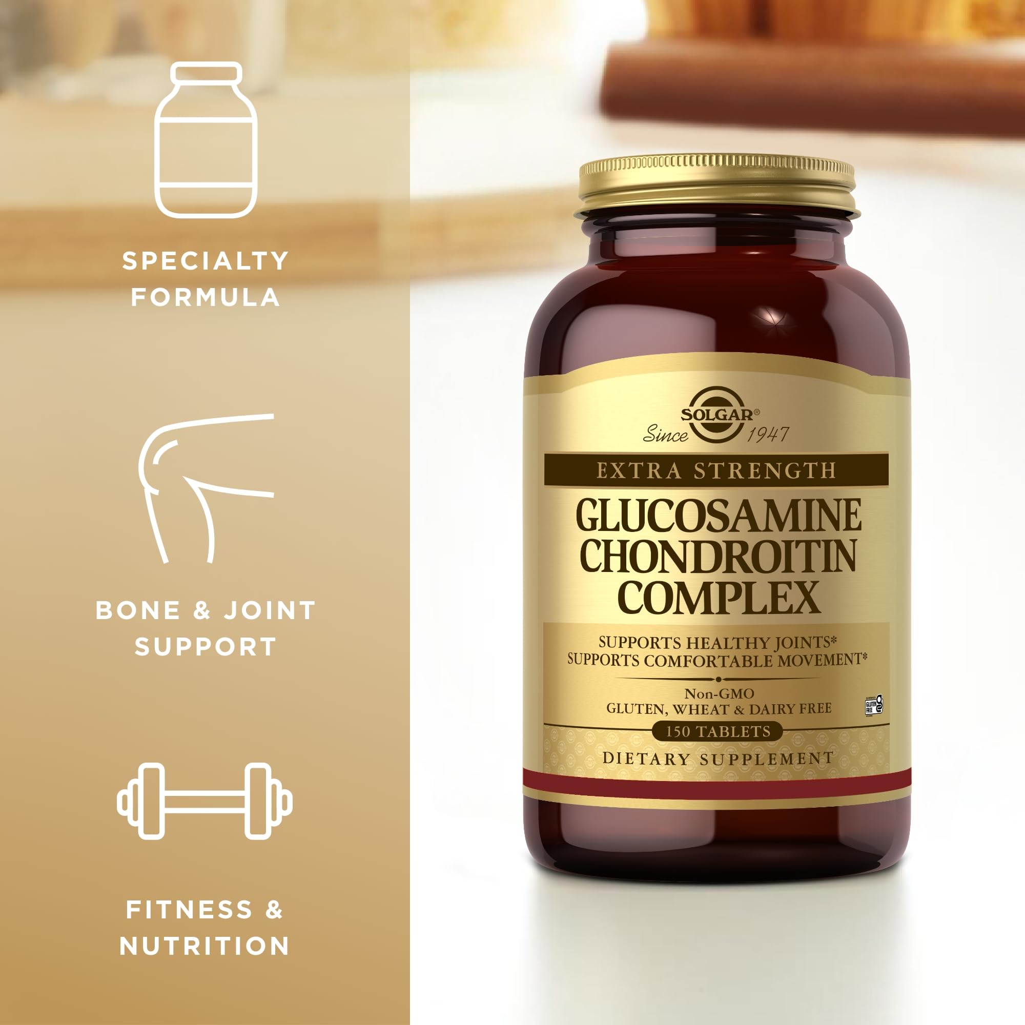 Solgar daily dosage illustration with bottle and spoon suggests simple routine