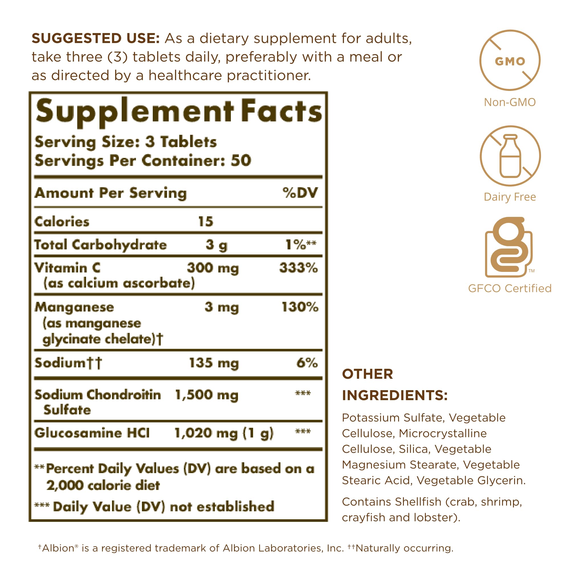 Solgar tablets closeup highlighting the 150-count formula for comfortable movement