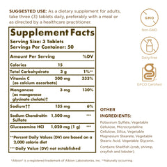 Solgar tablets closeup highlighting the 150-count formula for comfortable movement