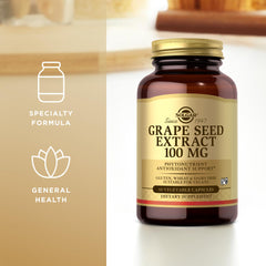 Solgar grape seed extract bottle on shelf with neutral background