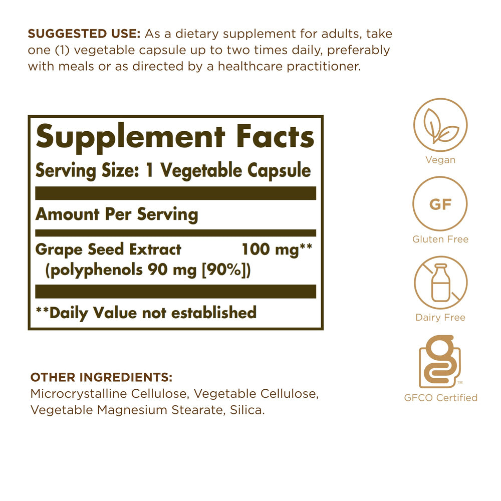 Solgar grape seed extract label closeup highlighting 100 mg per capsule