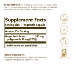 Solgar grape seed extract label closeup highlighting 100 mg per capsule