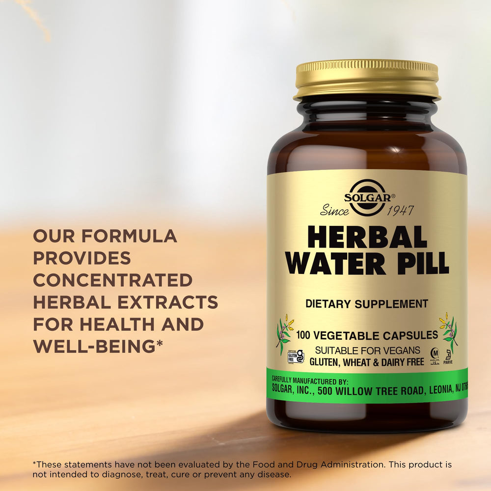 Solgar Herbal Water Pill 100 VCaps dispensing illustration suggests simple daily use.
