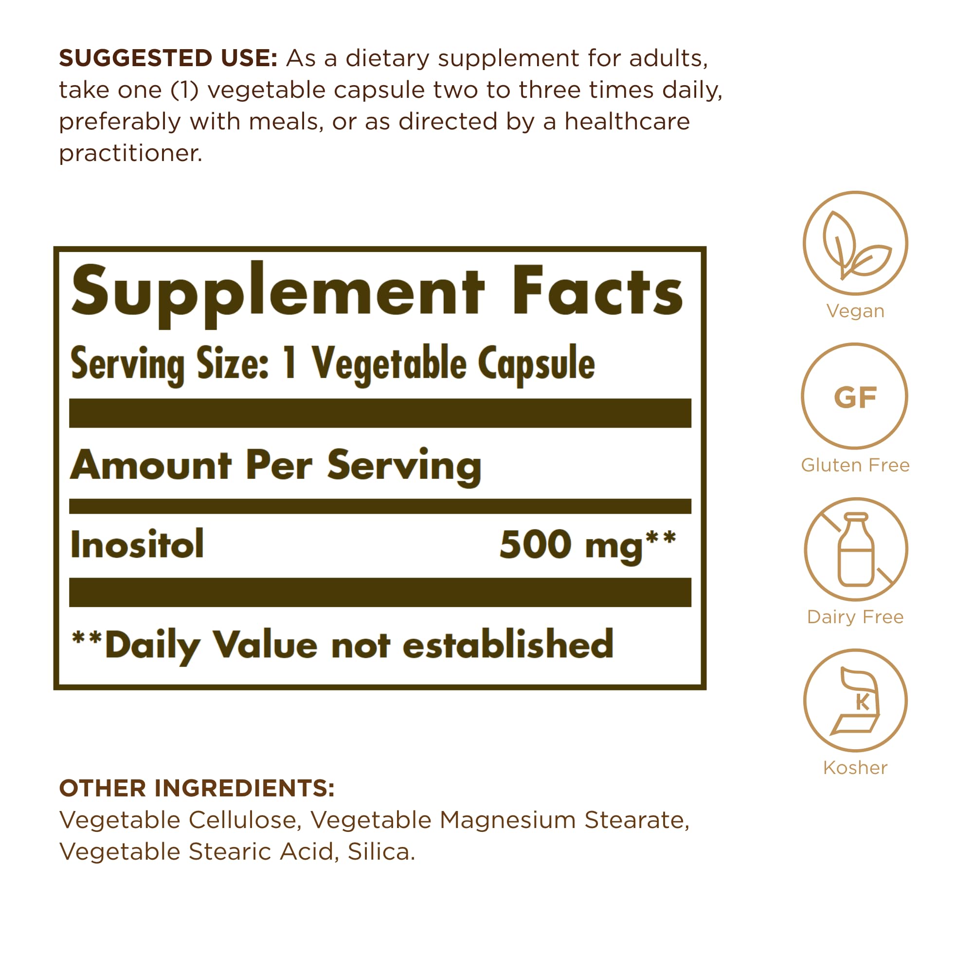 Closeup of Solgar Inositol 500 mg capsules highlighting vegan, gluten-free formula.