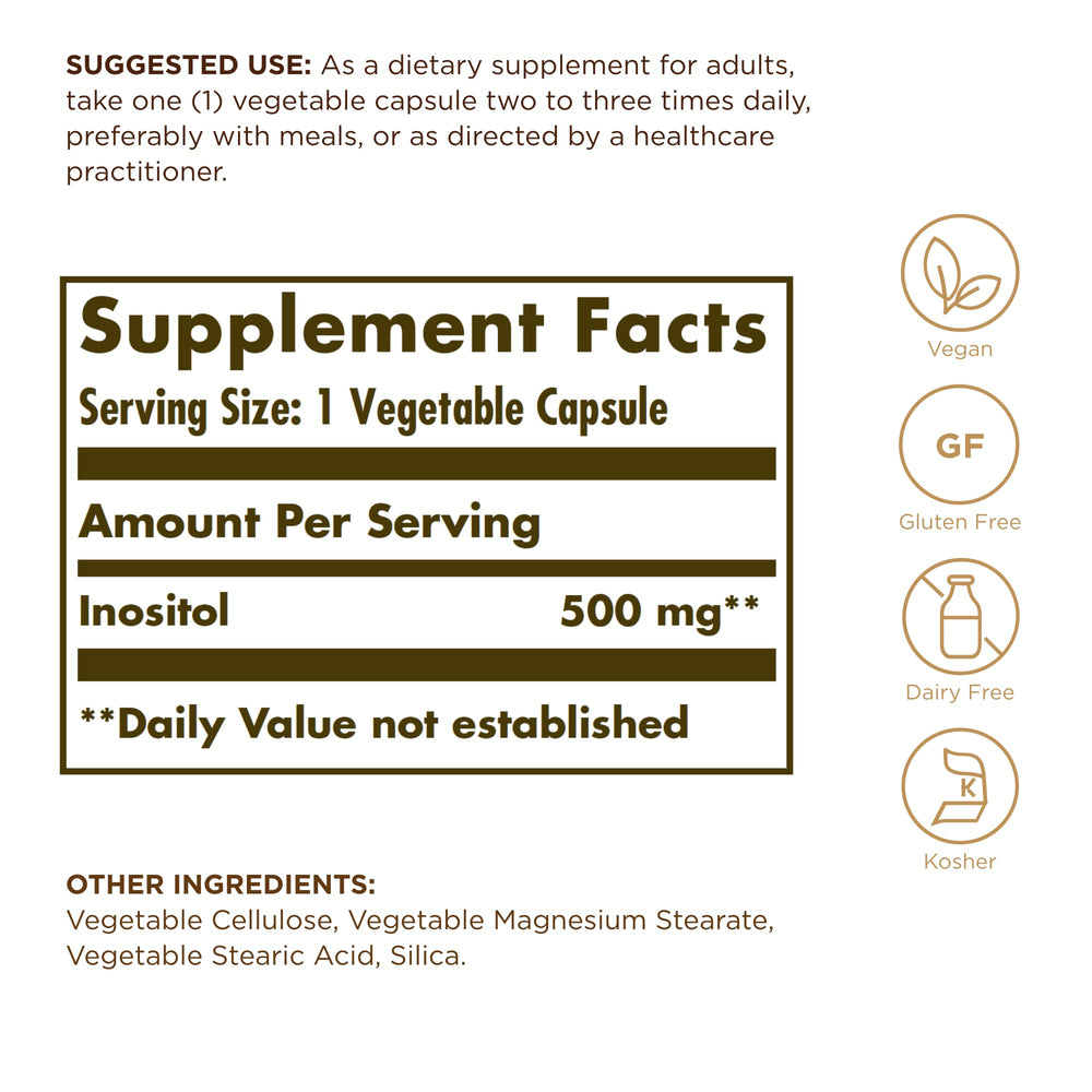 Closeup of Solgar Inositol 500 mg capsules highlighting vegan, gluten-free formula.