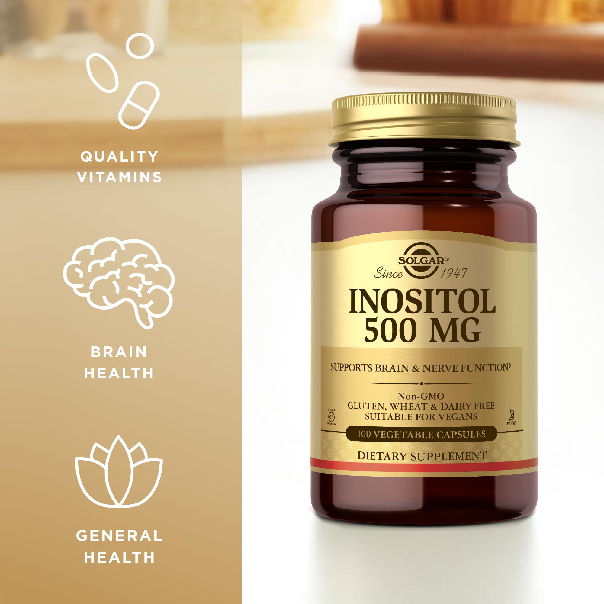 Solgar Inositol 500 mg with vegan-friendly certification for plant-based support.
