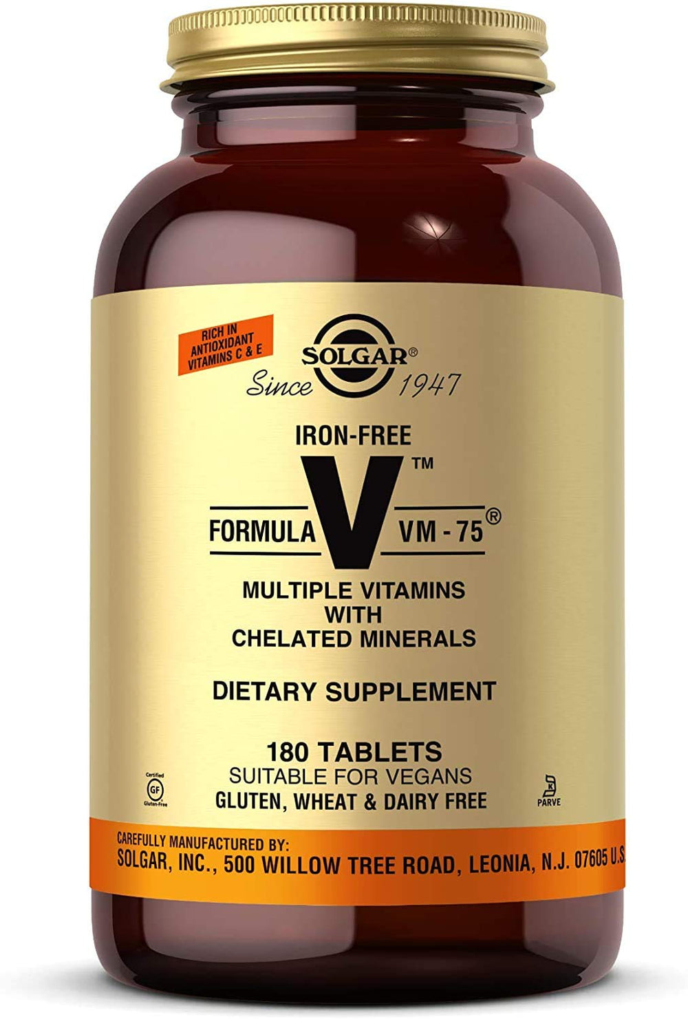Solgar Iron-Free VM-75 bottle front with clean label and vegan-friendly formula.