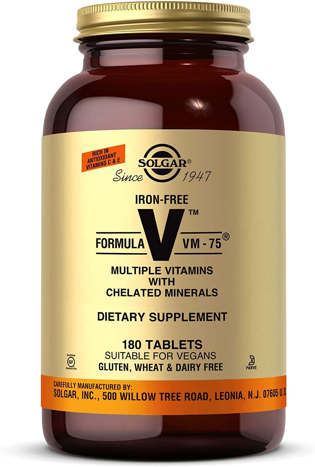 Solgar Iron-Free VM-75 bottle front with clean label and vegan-friendly formula.