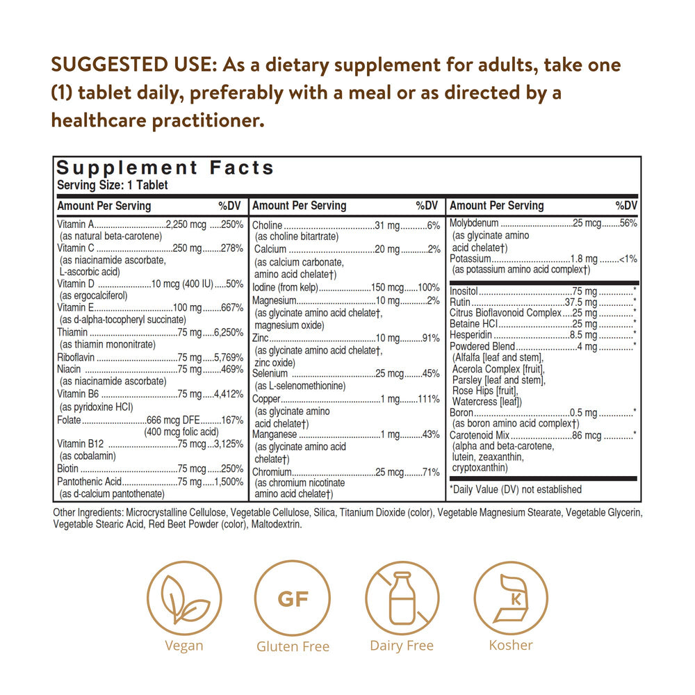 Solgar VM-75 label close-up highlighting essential vitamins and minerals