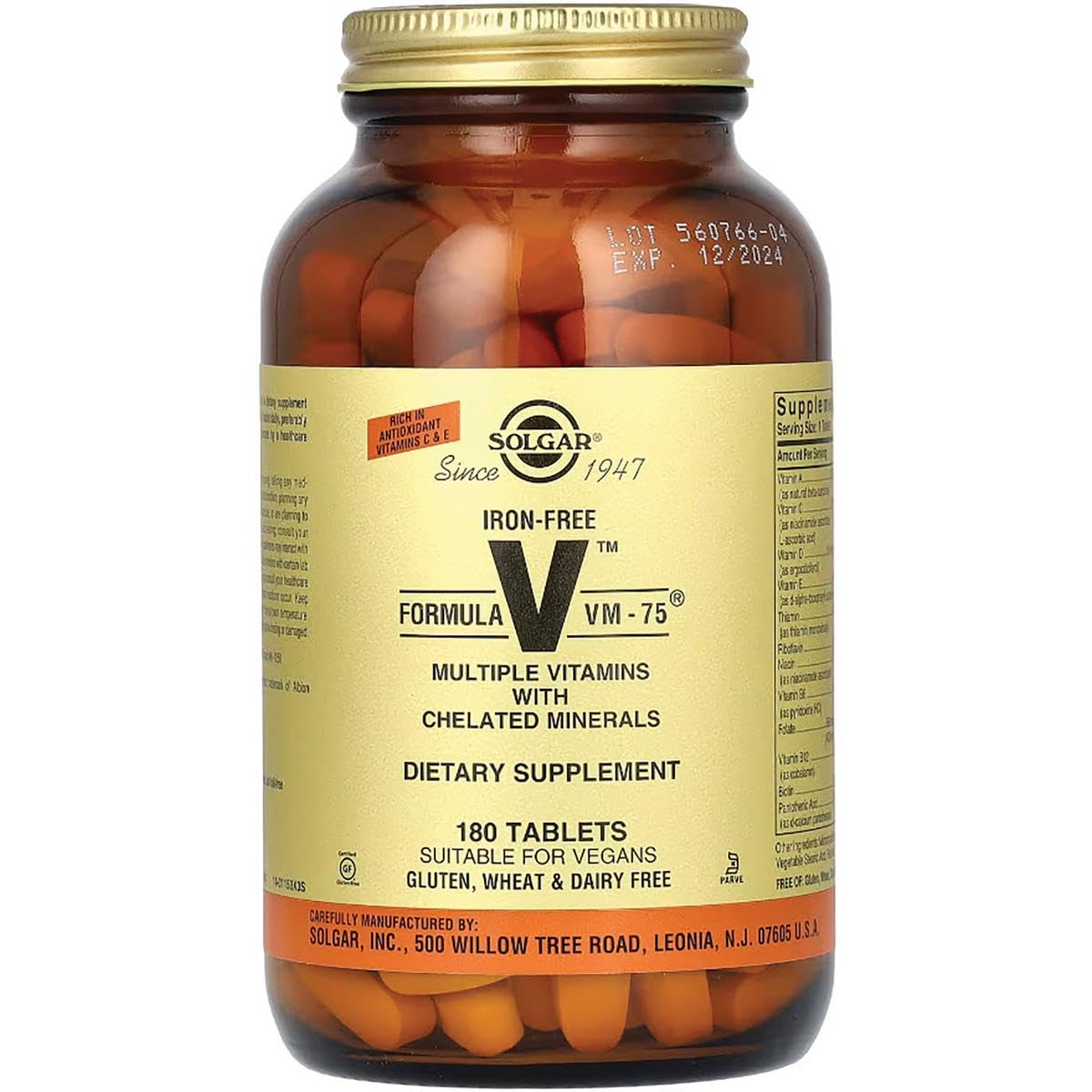 Solgar Iron-Free VM-75 nutrition panel visible detailing vitamins and minerals.