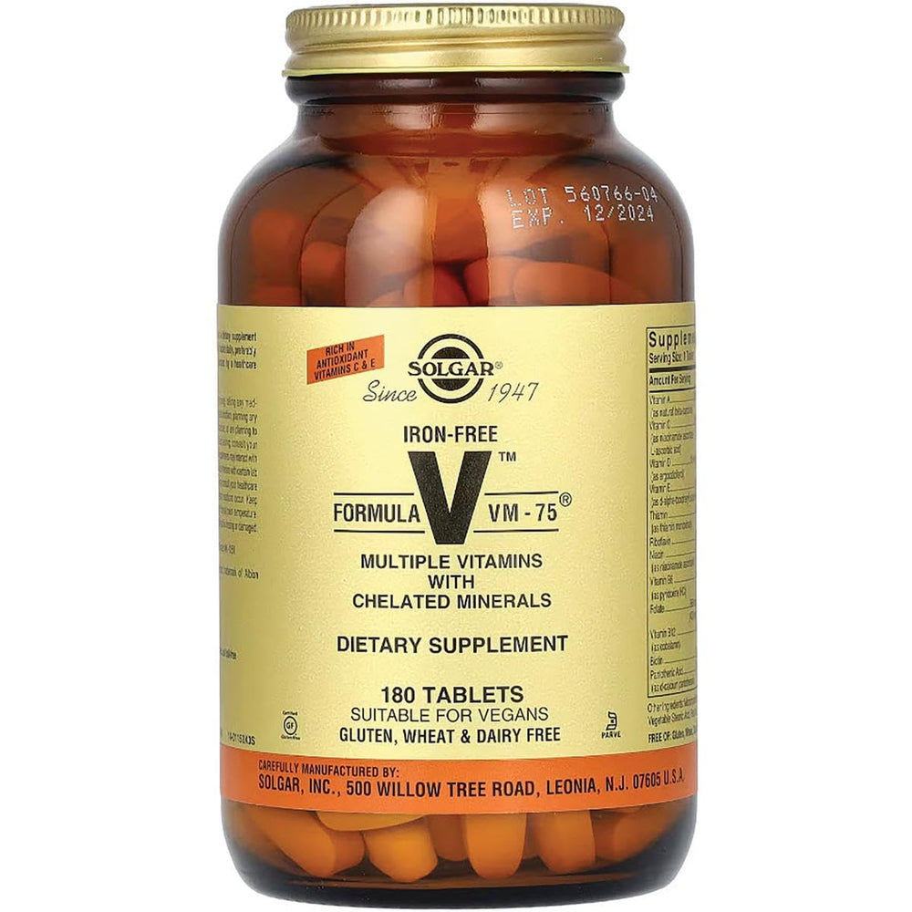 Solgar Iron-Free VM-75 nutrition panel visible detailing vitamins and minerals.