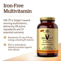 Solgar Iron-Free VM-75 tablets close-up showing compact daily pills.