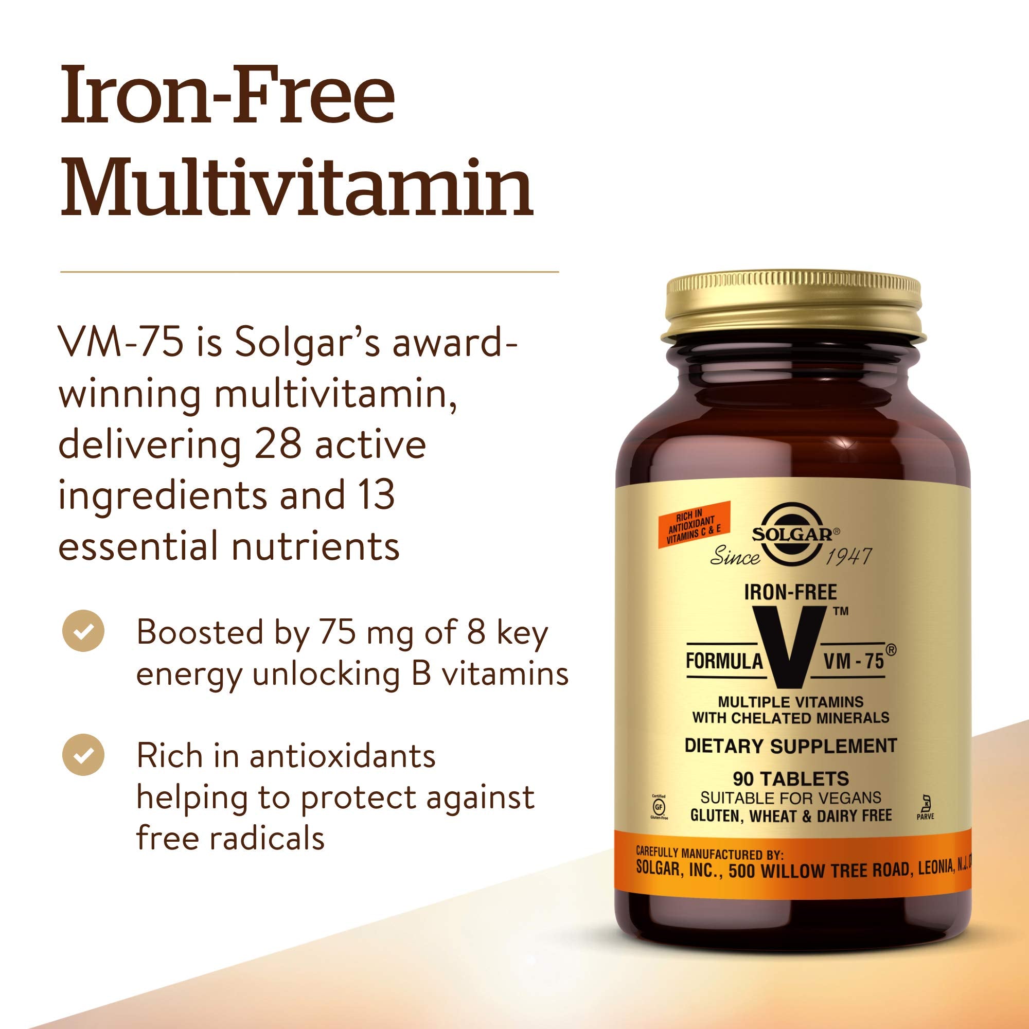 Solgar Iron-Free VM-75 tablets arranged for daily supplementation