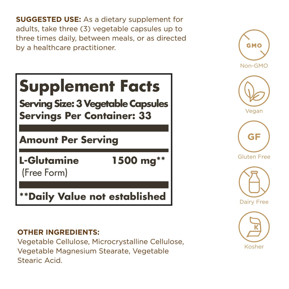 Close-up of Solgar L-Glutamine capsules showing easy-to-swallow design.