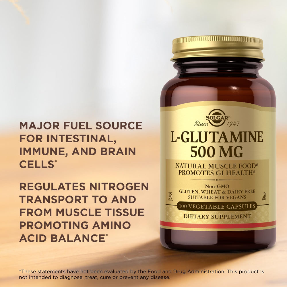 Usage guide with Solgar L-Glutamine suggests simple daily intake.