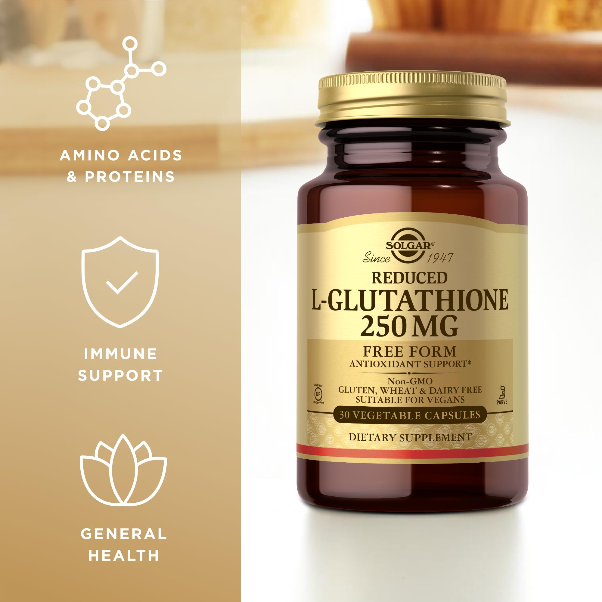 Solgar reduced L-Glutathione capsules close-up emphasizing active form.