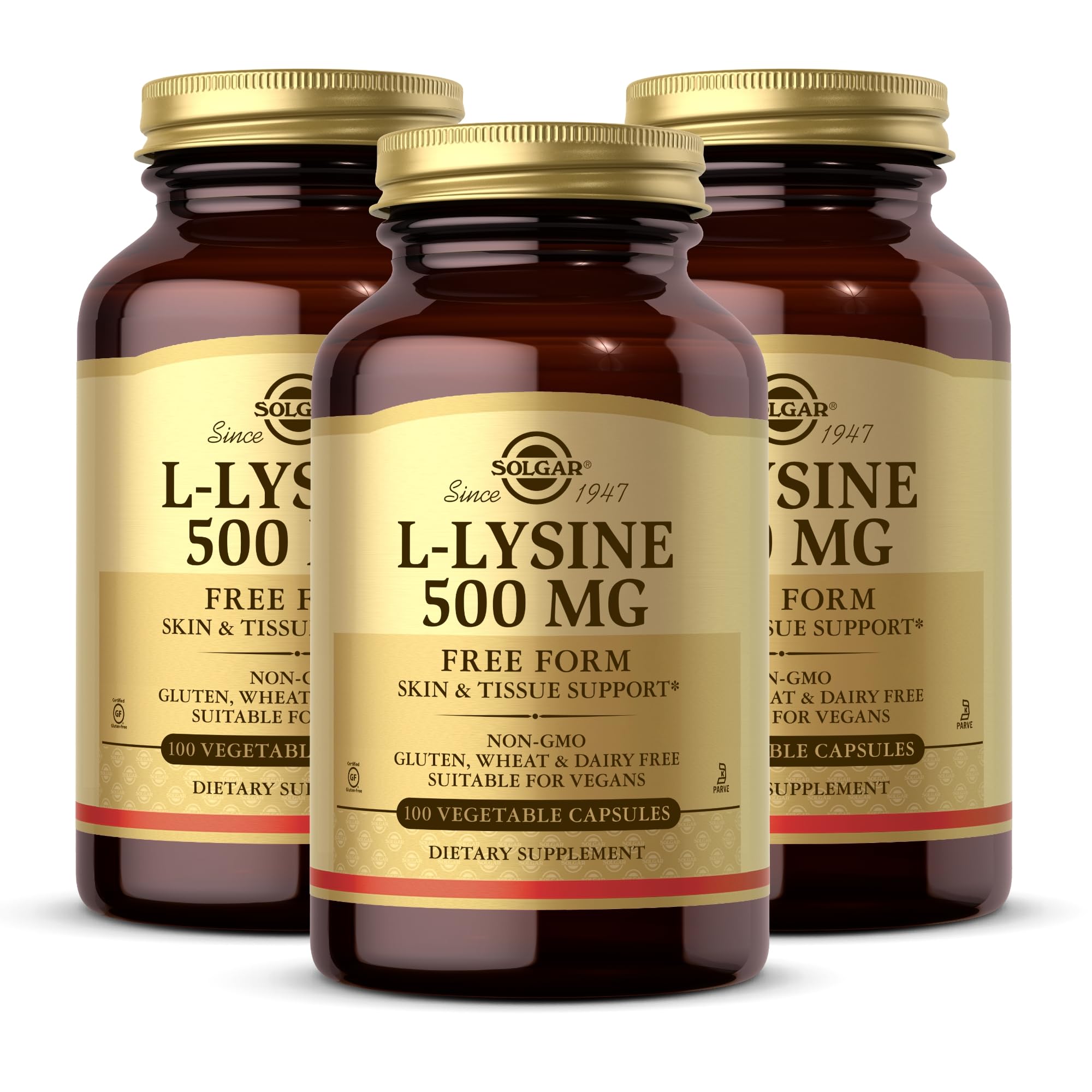 Solgar L-Lysine 500 mg bottle front view showing compact capsules for daily skin support