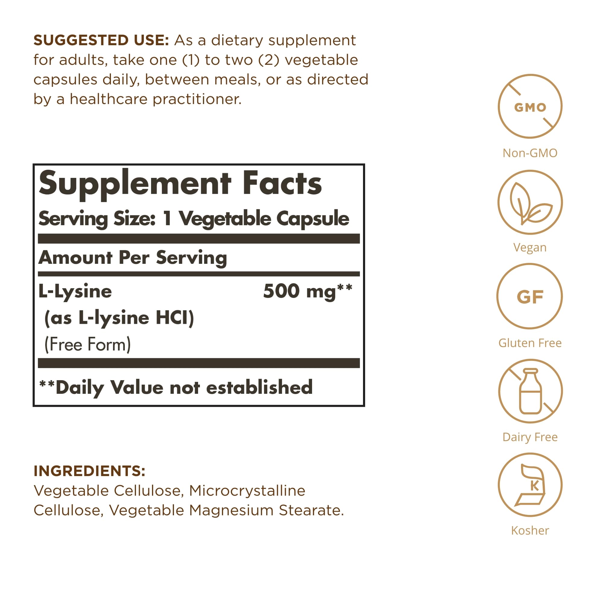 Solgar L-Lysine 500 mg bottle side angle with vegan and kosher labeling