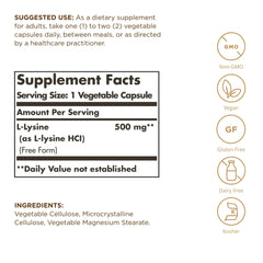 Solgar L-Lysine 500 mg bottle side angle with vegan and kosher labeling