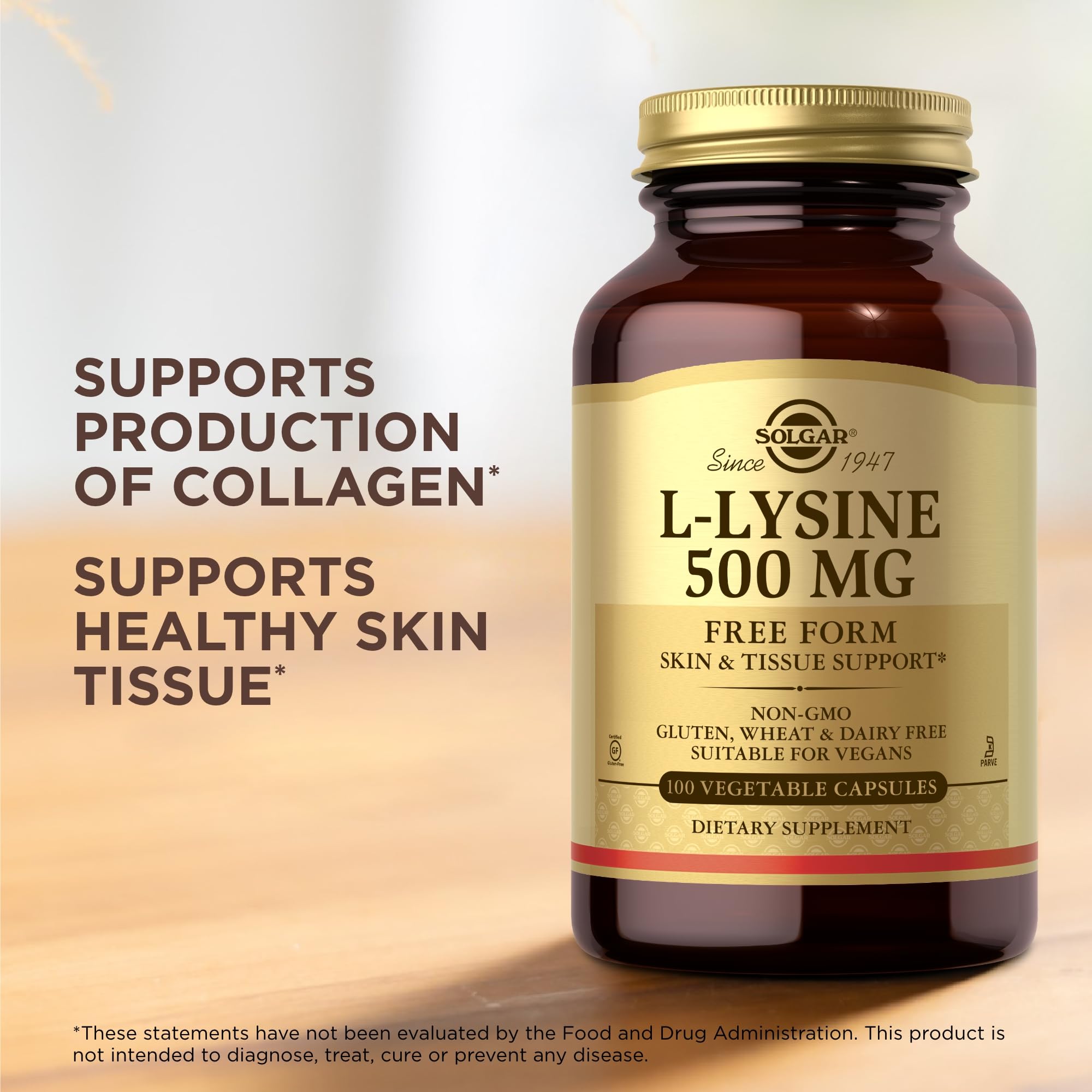Solgar L-Lysine 500 mg label highlights non-GMO vegan and gluten-free attributes