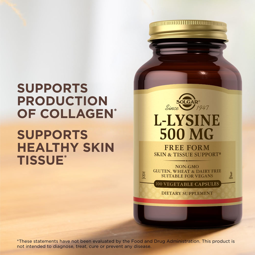 Solgar L-Lysine 500 mg label highlights non-GMO vegan and gluten-free attributes