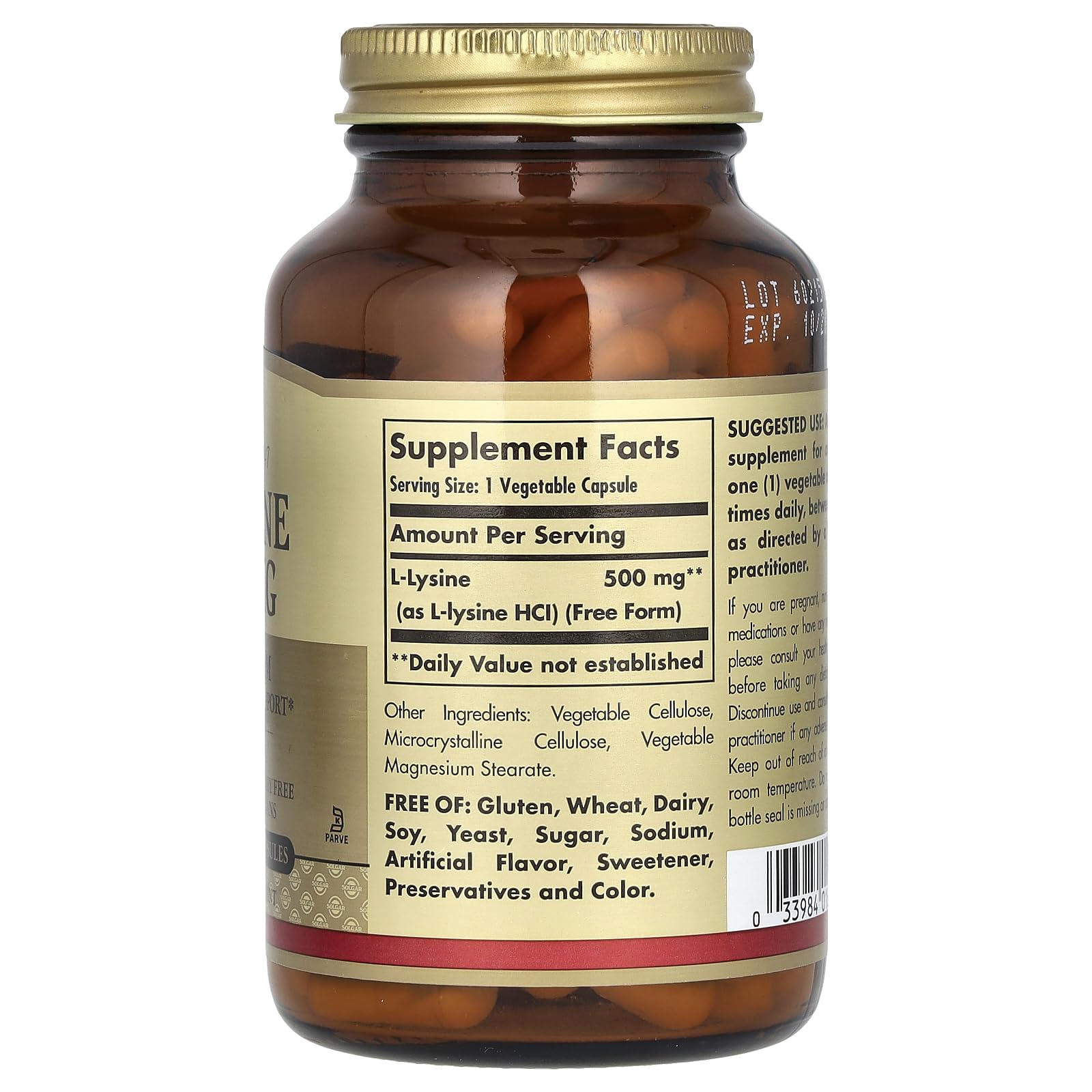 Solgar L-Lysine bottle pour demonstrating simple daily dosing