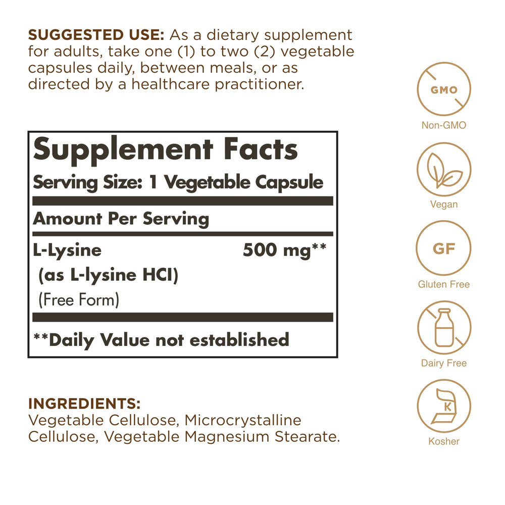 Solgar L-Lysine capsules close-up showing free-form L-Lysine for absorption