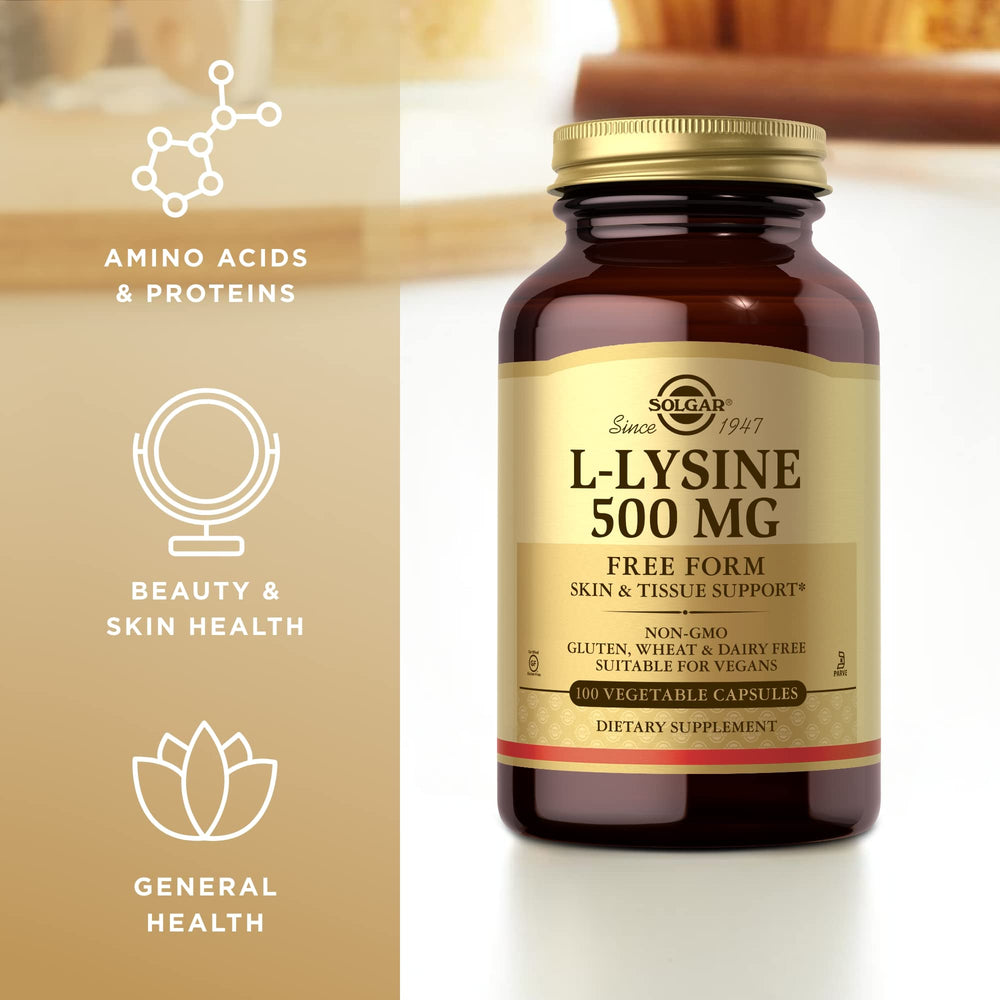 Solgar L-Lysine veggie caps packaging emphasizing plant-based capsules