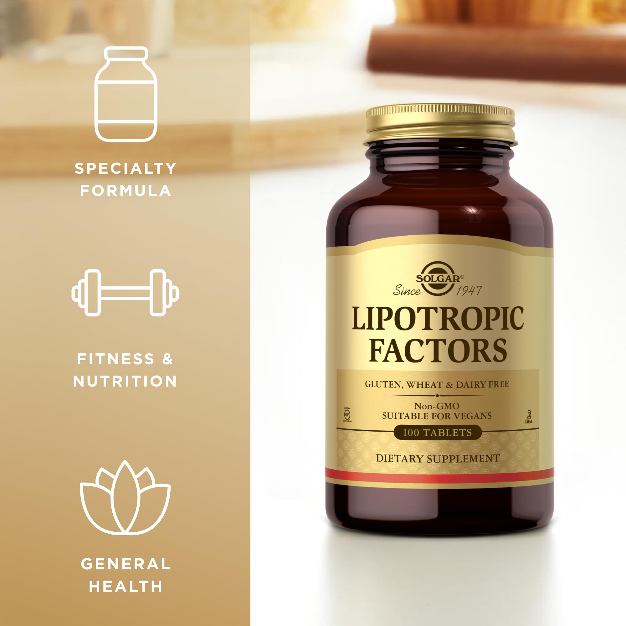 Solgar Lipotropic Factors bottle nutrition facts, quick look at serving size and nutrient information.