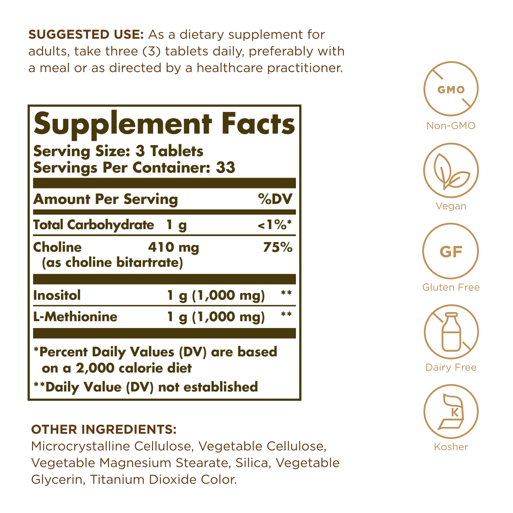 Solgar Lipotropic Factors label closeup, clear ingredient information on the bottle.
